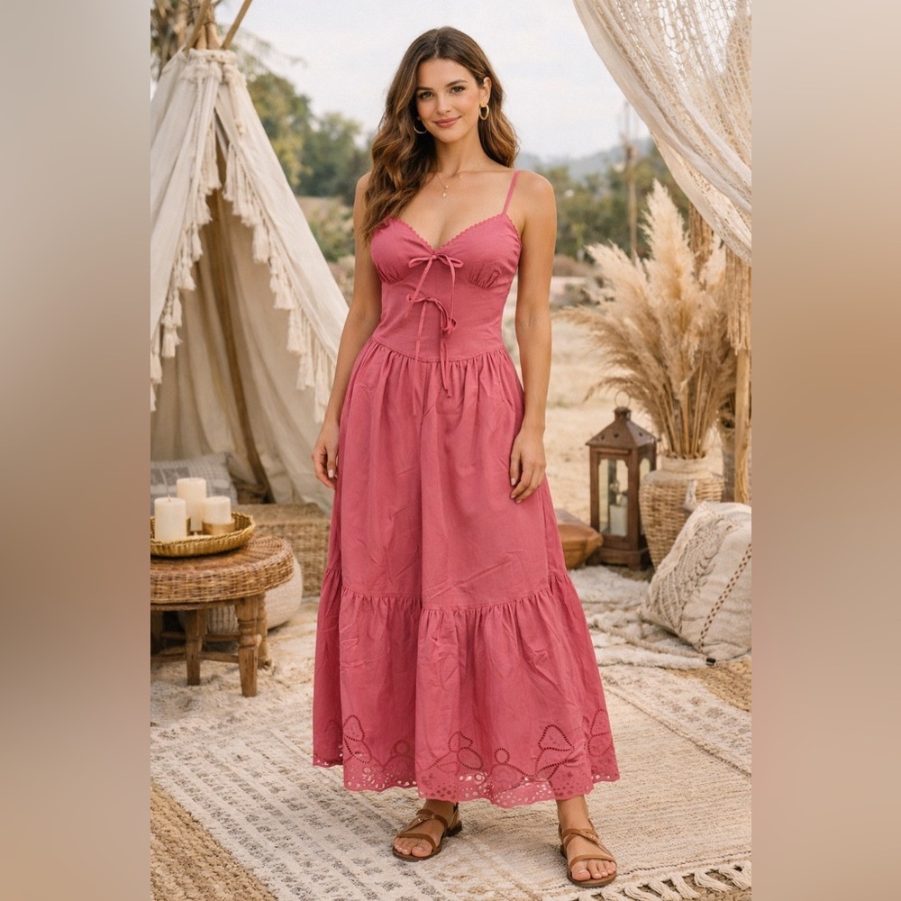 Moon River Pink Cotton Eyelet Midi Dress NWT Size S Bow Detail Cottagecore